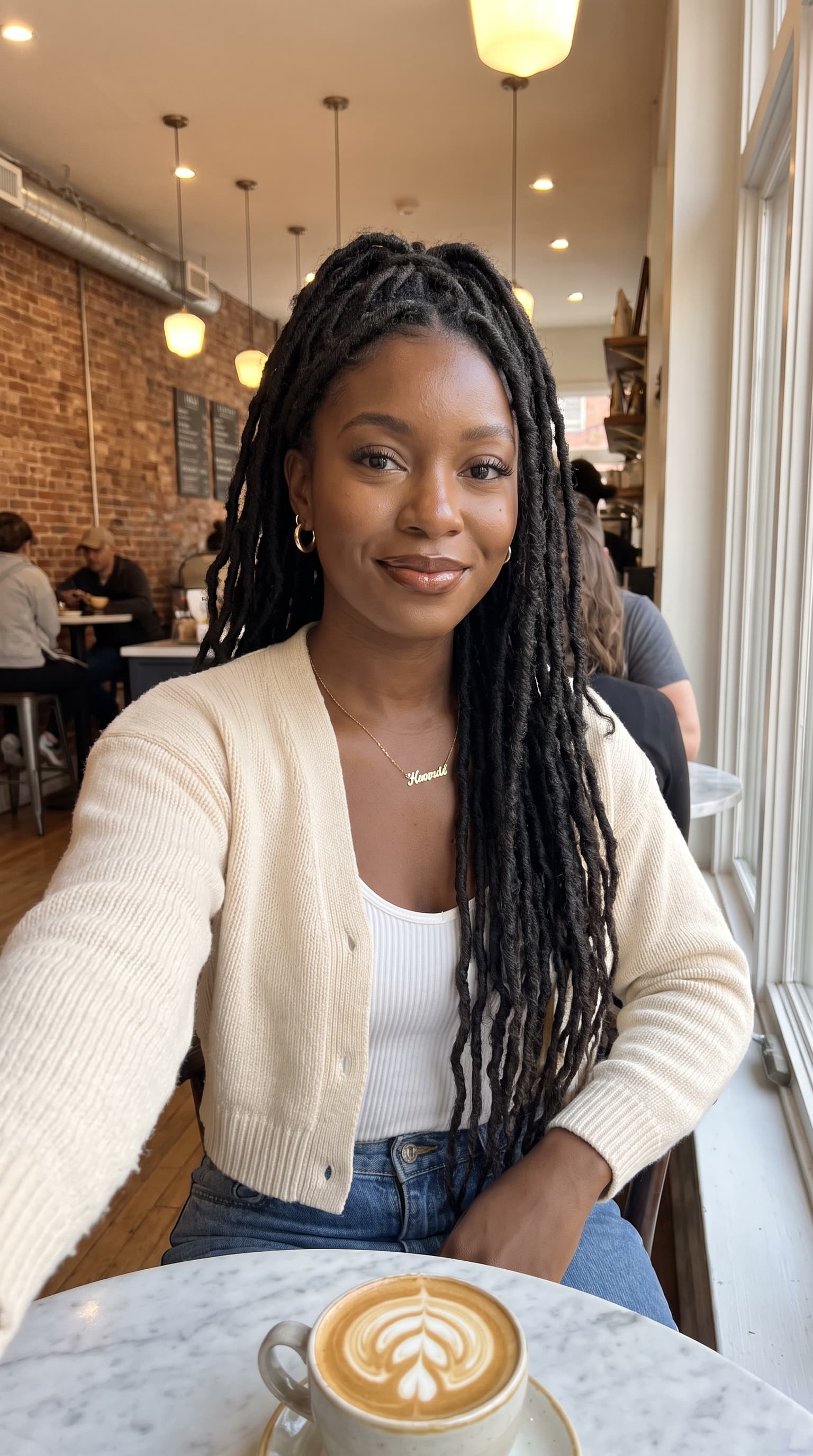 Preset AI influencer for the Coffee & everyday niche, a photorealistic vertical creator shot with a matching setting built in