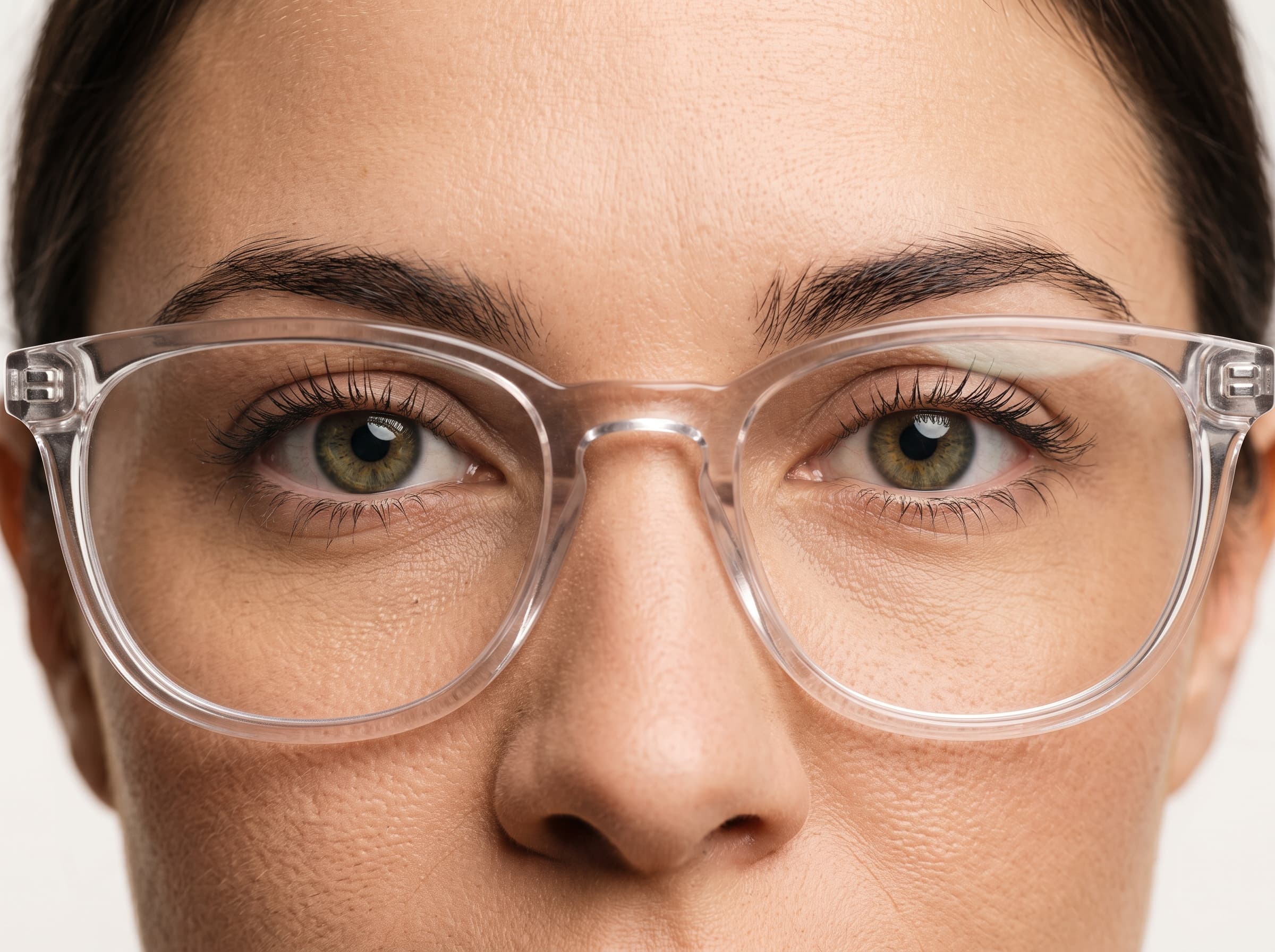 AI influencer wearing modern clear-framed glasses as a distinguishing detail