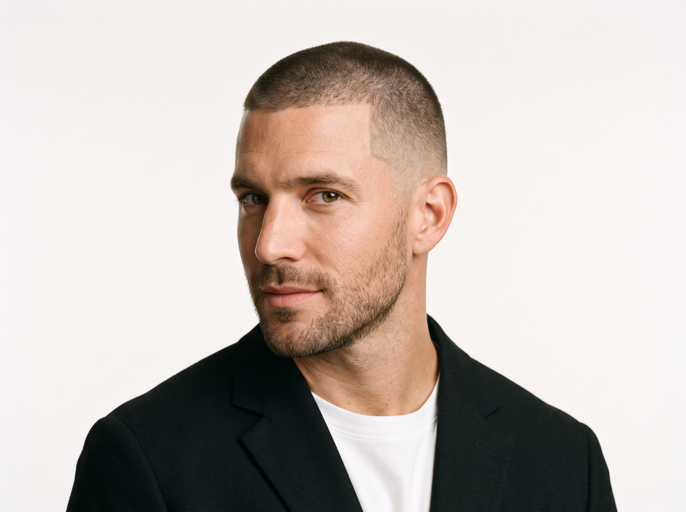 AI influencer with a clean short fade haircut