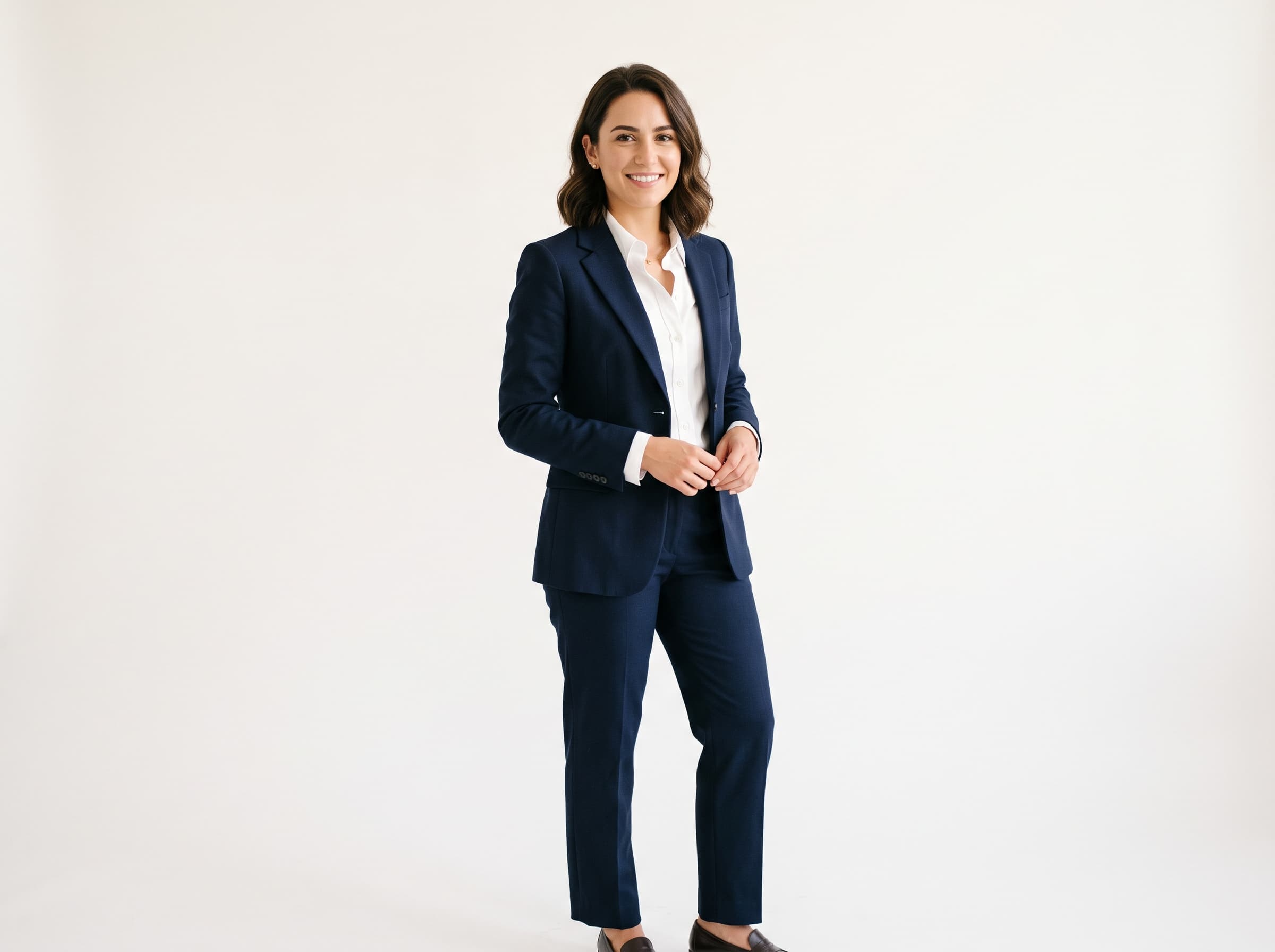 AI influencer in business dress, a tailored blazer over a crisp button-up shirt