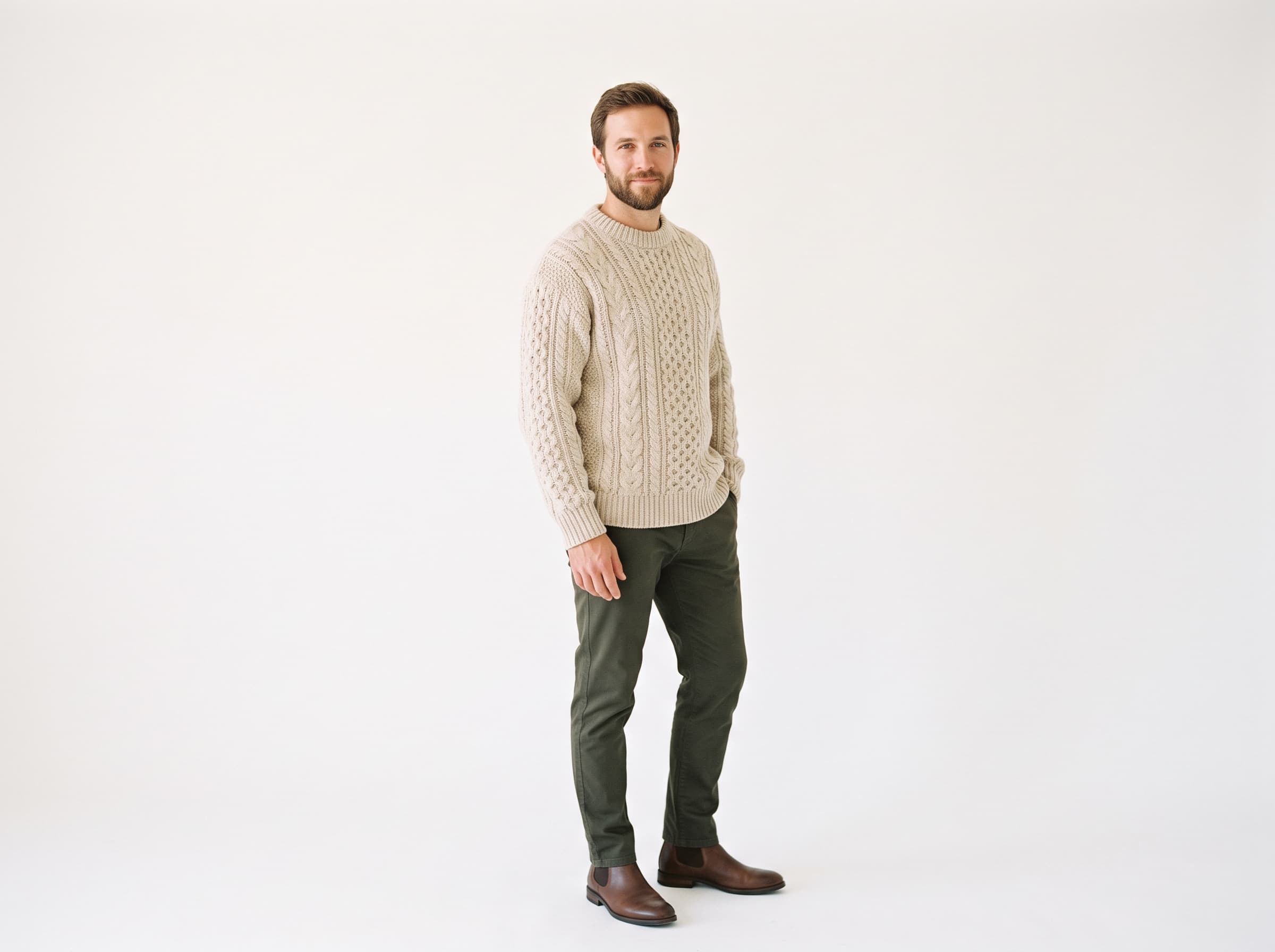 AI influencer in a chunky knit sweater with visible wool texture in a warm neutral tone