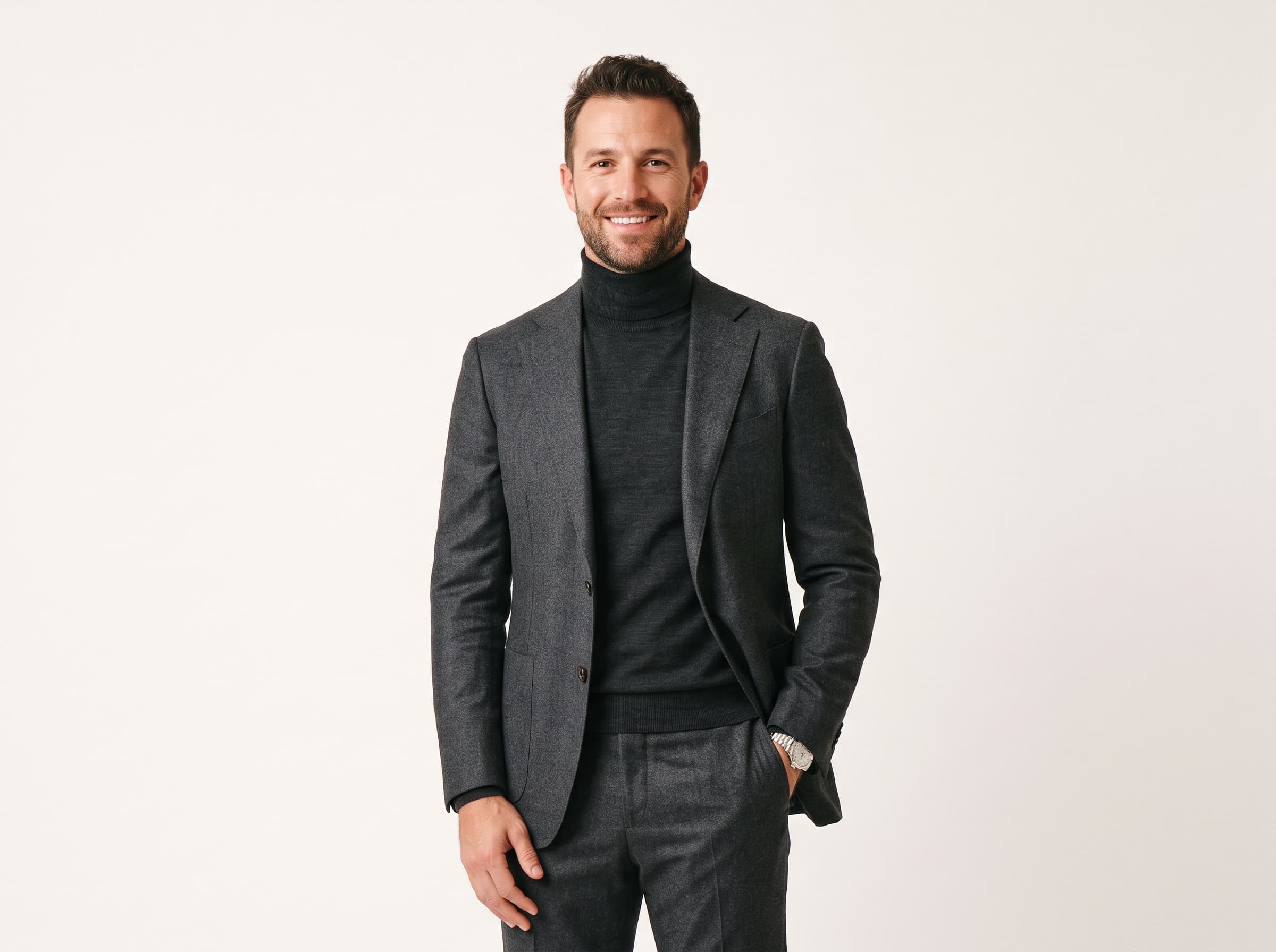 AI influencer in an elegant tailored outfit cut from premium fabric