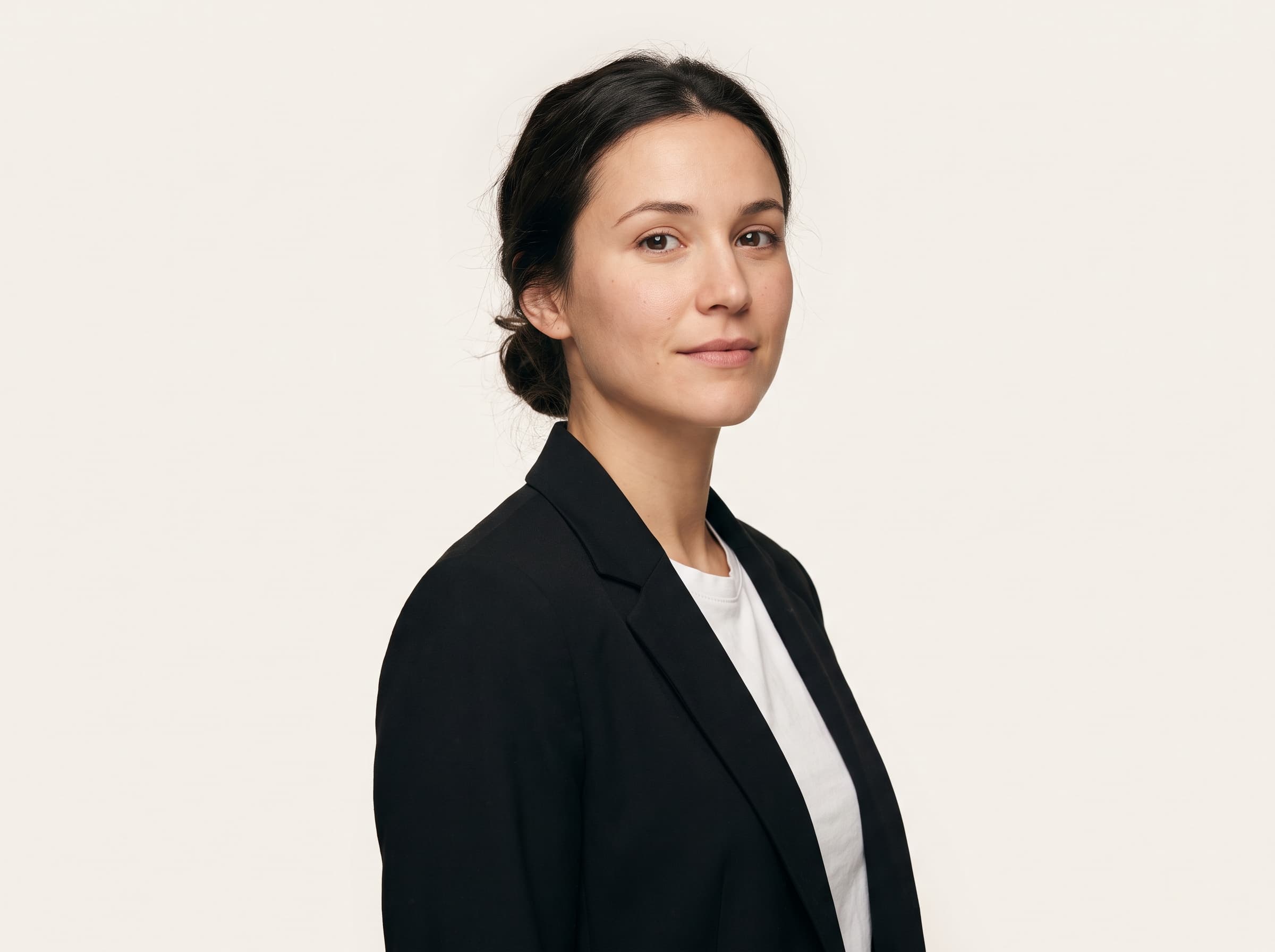 AI influencer posed at a three-quarter angle with shoulders turned slightly away from the lens