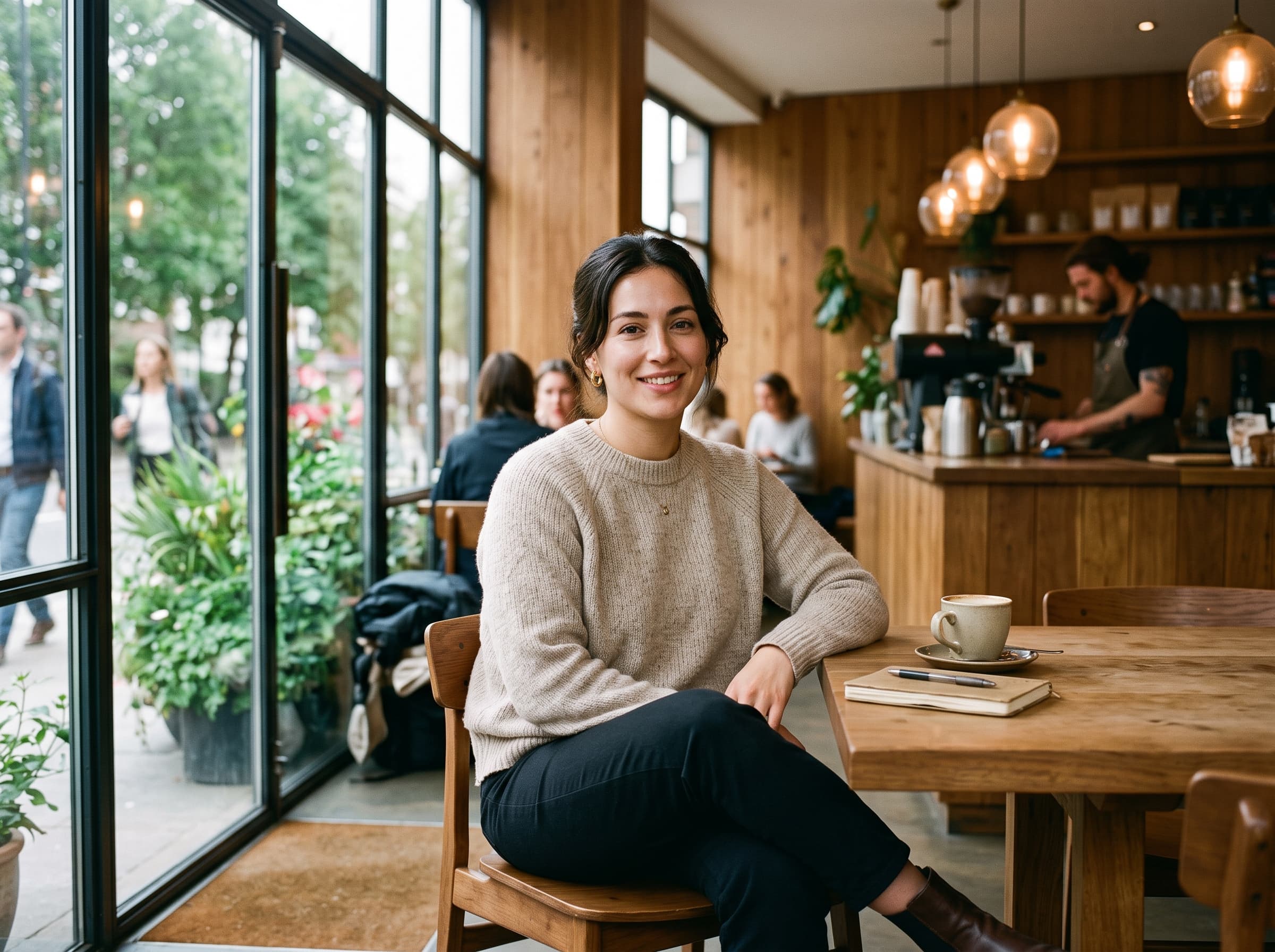 AI influencer rendered in a warm modern cafe with the background softly out of focus