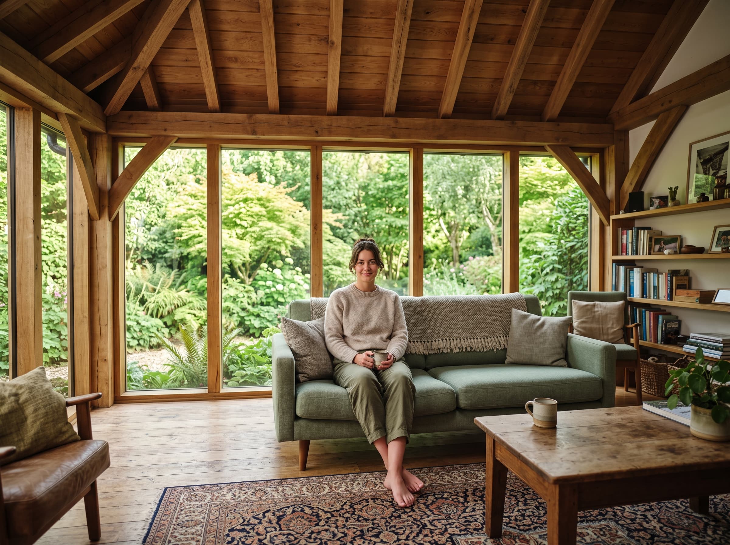 AI influencer rendered in a sunlit living room, the natural setting for at-home UGC content
