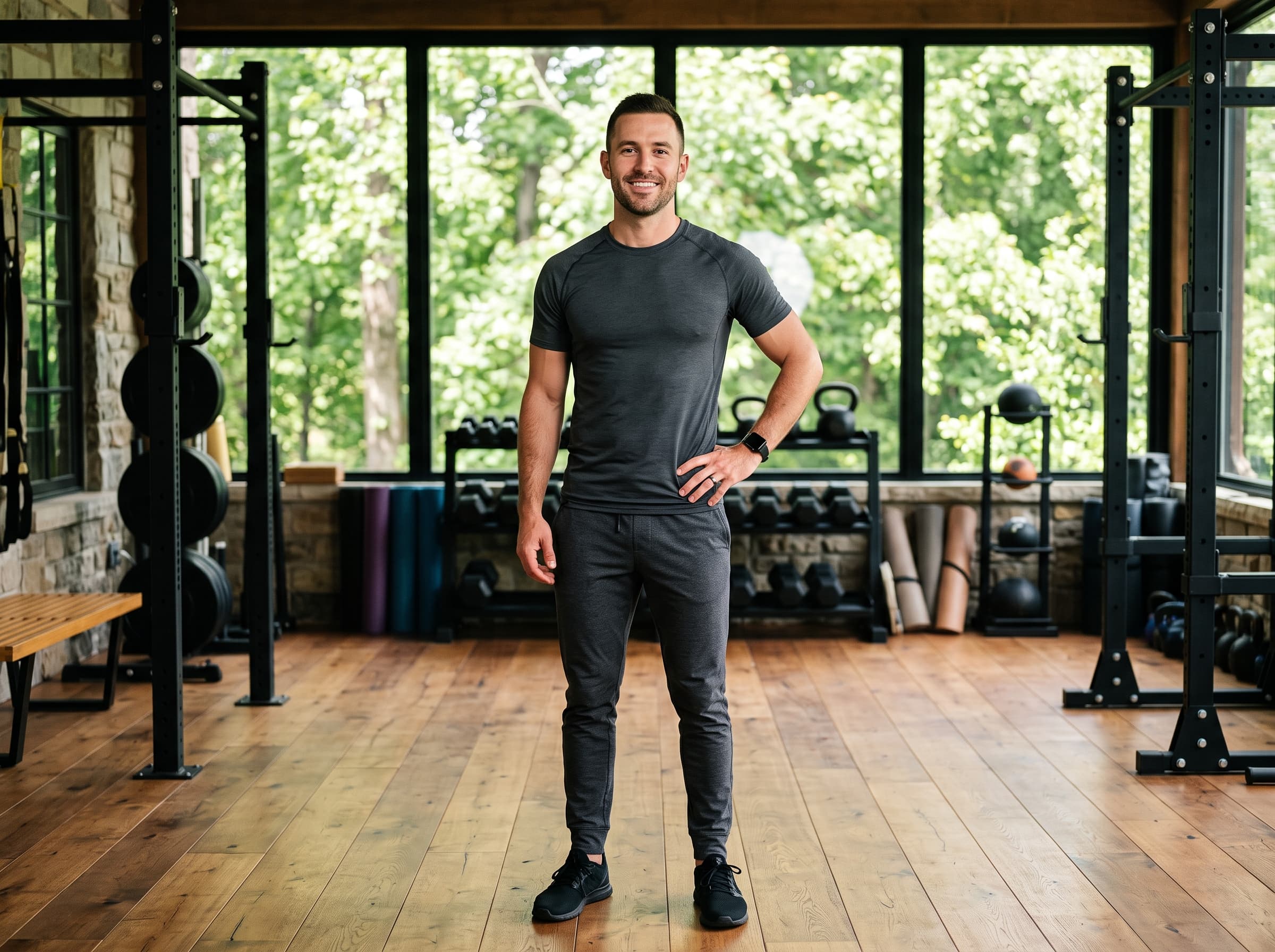AI influencer rendered in a bright modern gym, the setting for fitness and supplement ad creatives