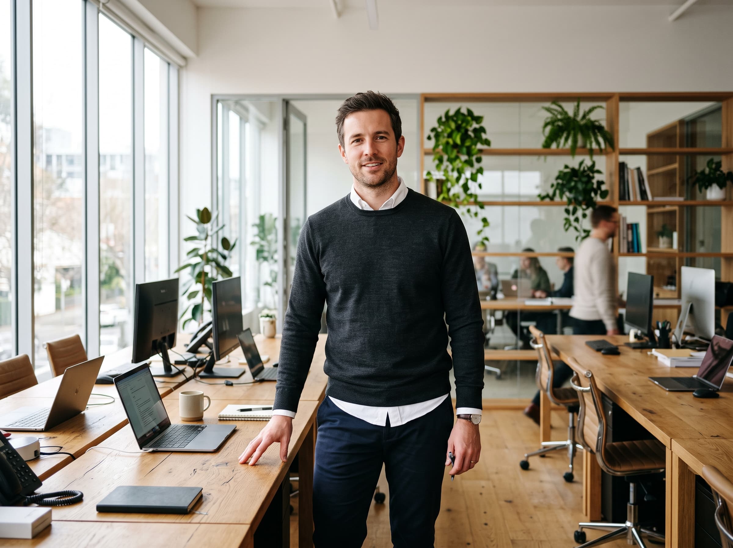AI influencer rendered in a minimalist home office, suited to B2B and software ad creatives