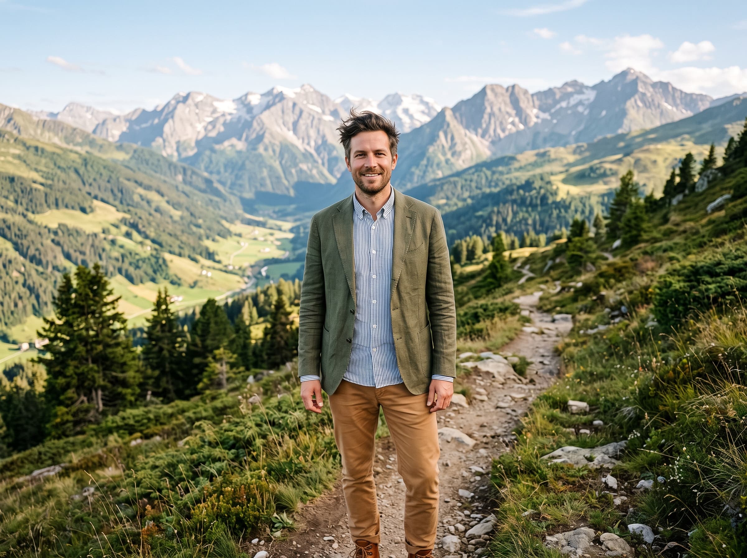 AI influencer rendered outdoors in soft natural light with greenery behind them