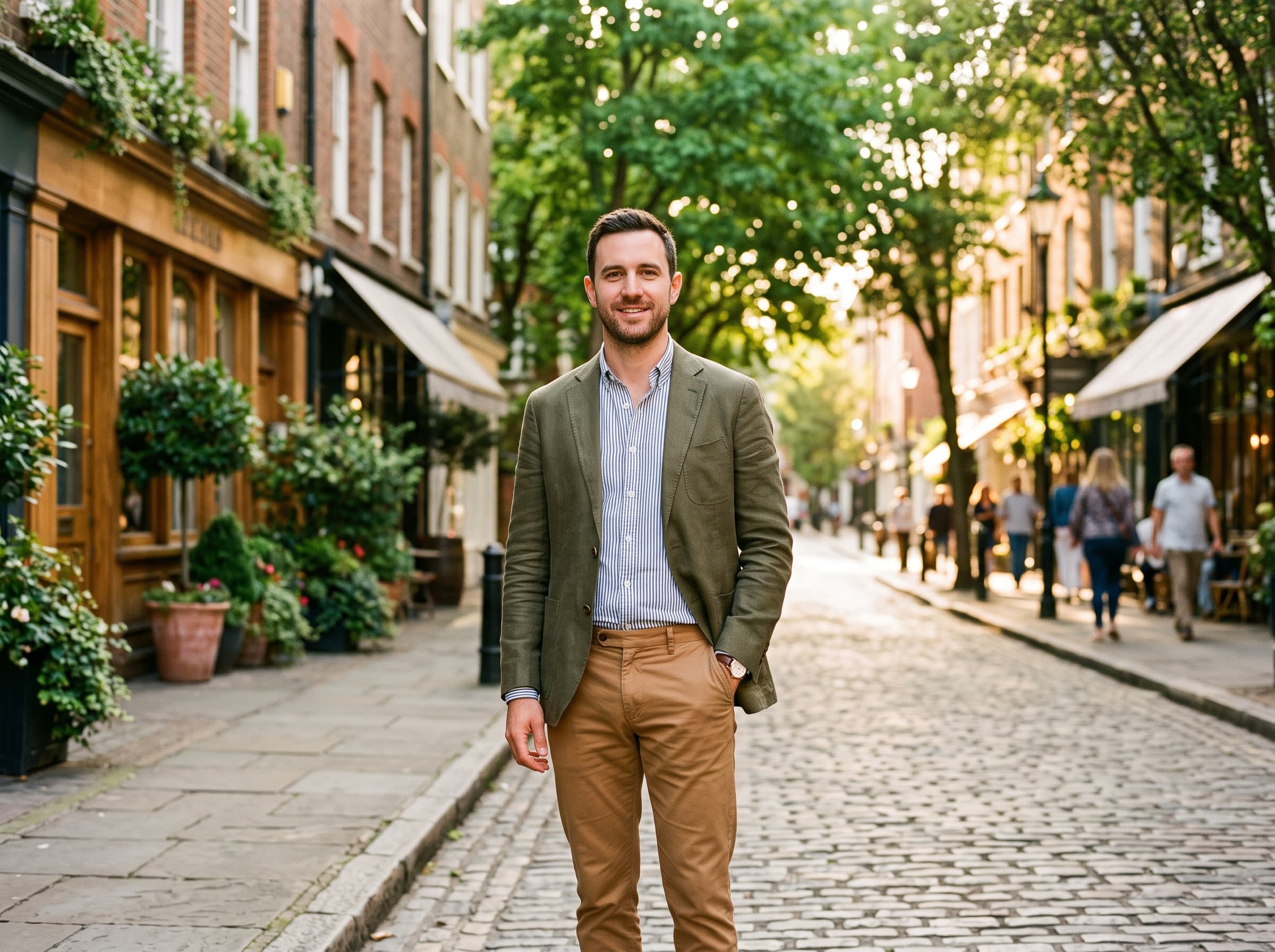 AI influencer rendered on an urban street at golden hour with a blurred city background