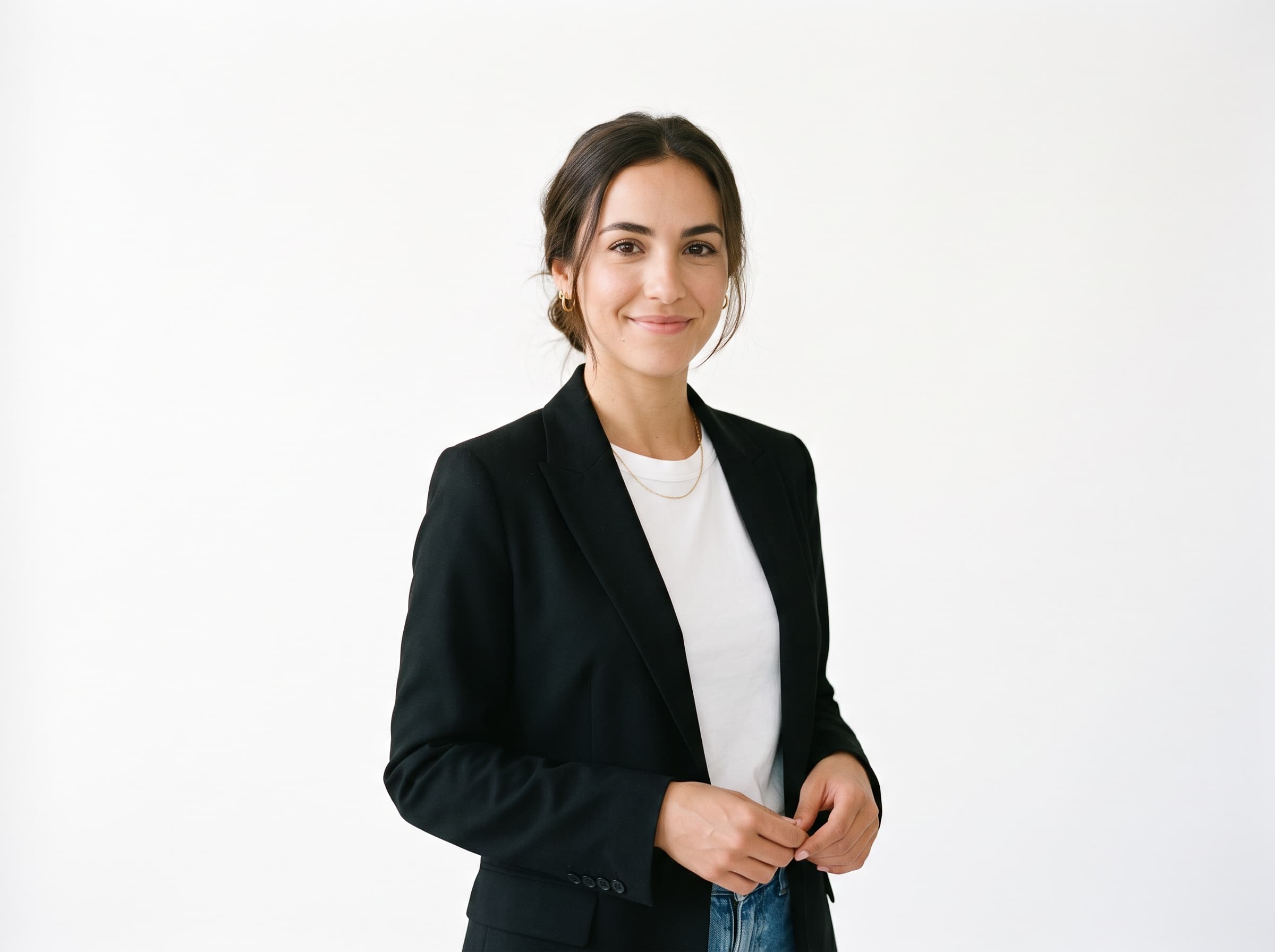 AI influencer rendered on a plain white background, ready to be cut out for an ad layout