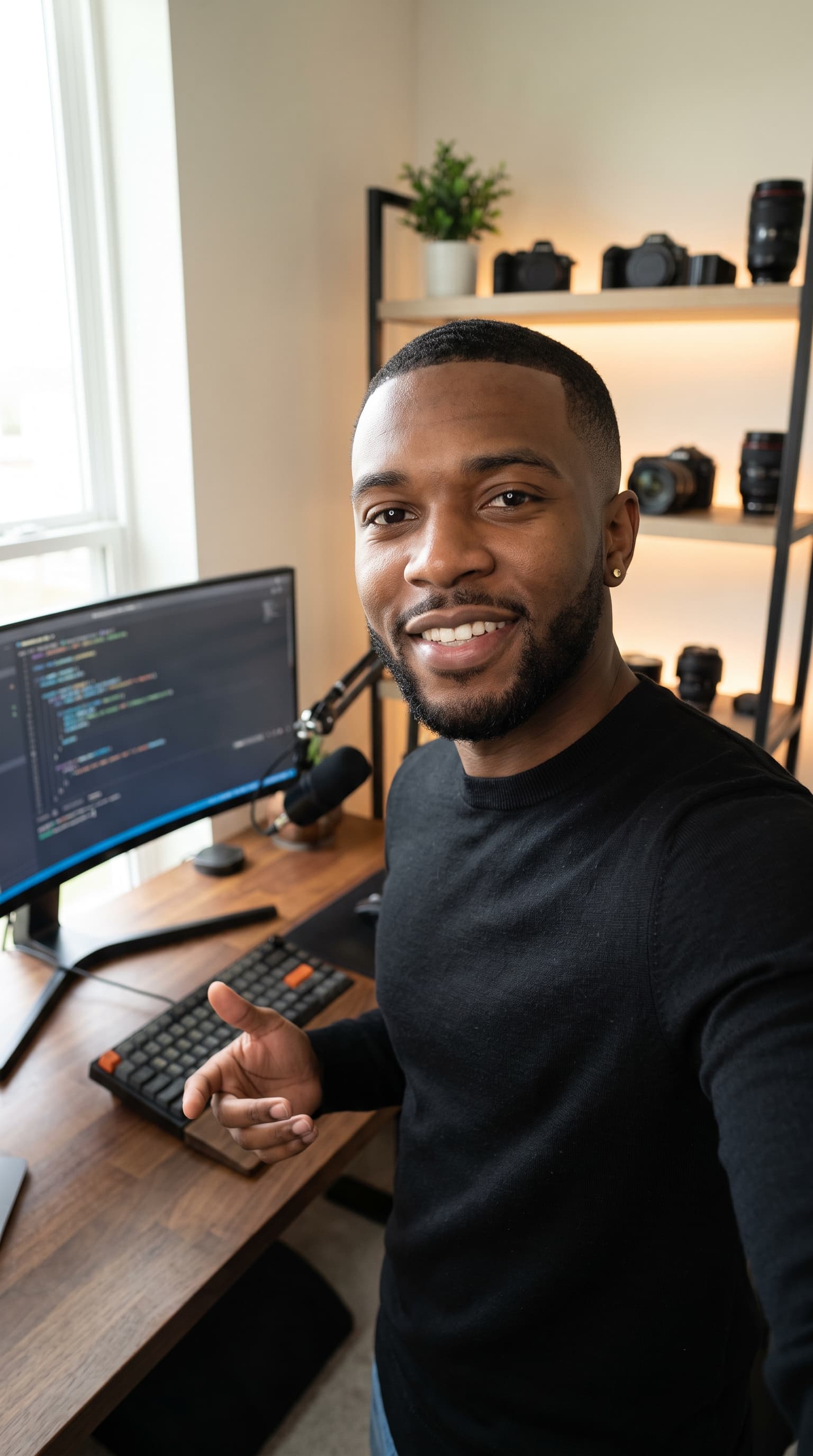 Preset AI influencer for the Desk setups & gear niche, a photorealistic vertical creator shot with a matching setting built in