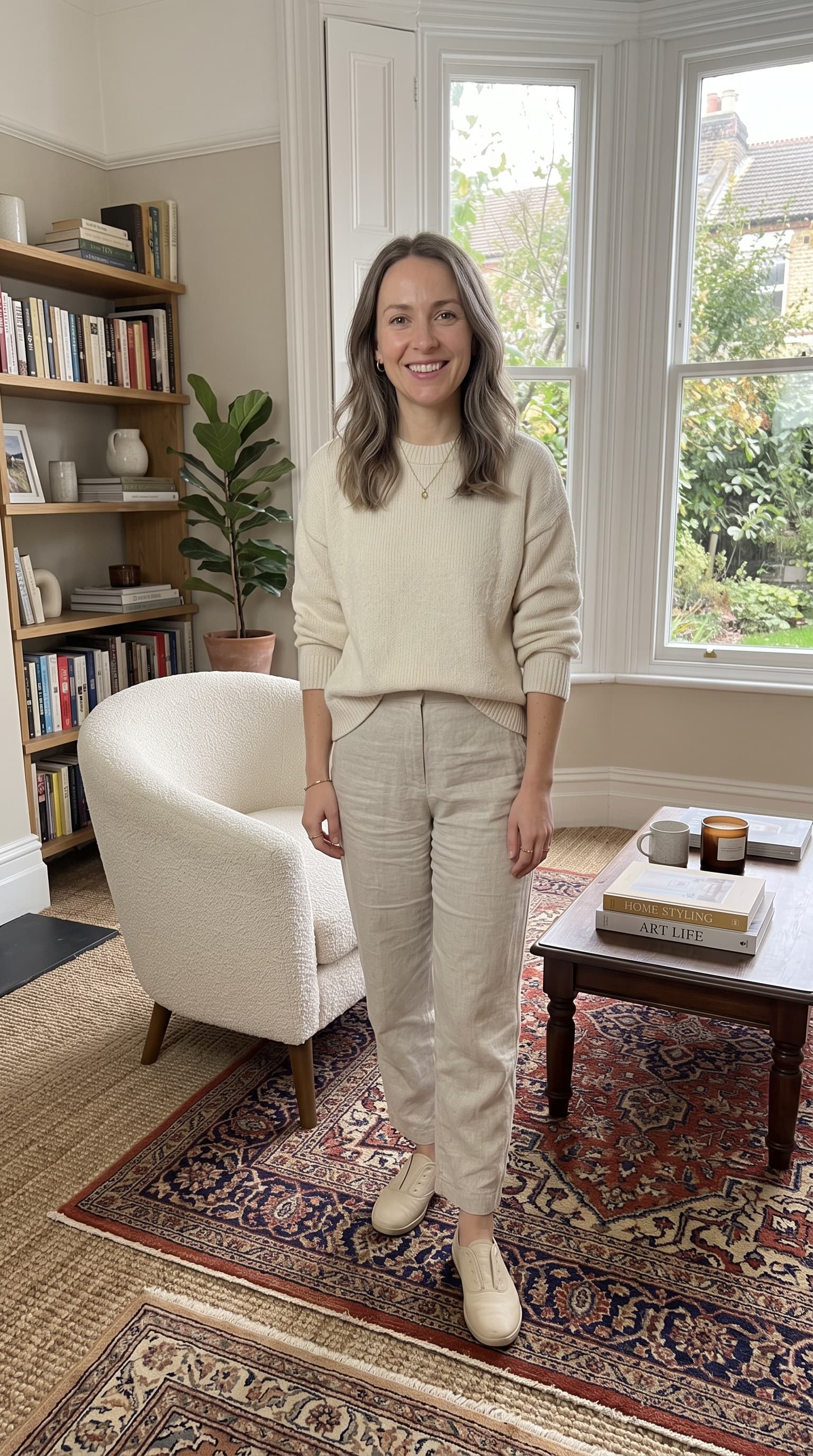 Preset AI influencer for the Interior styling niche, a photorealistic vertical creator shot with a matching setting built in