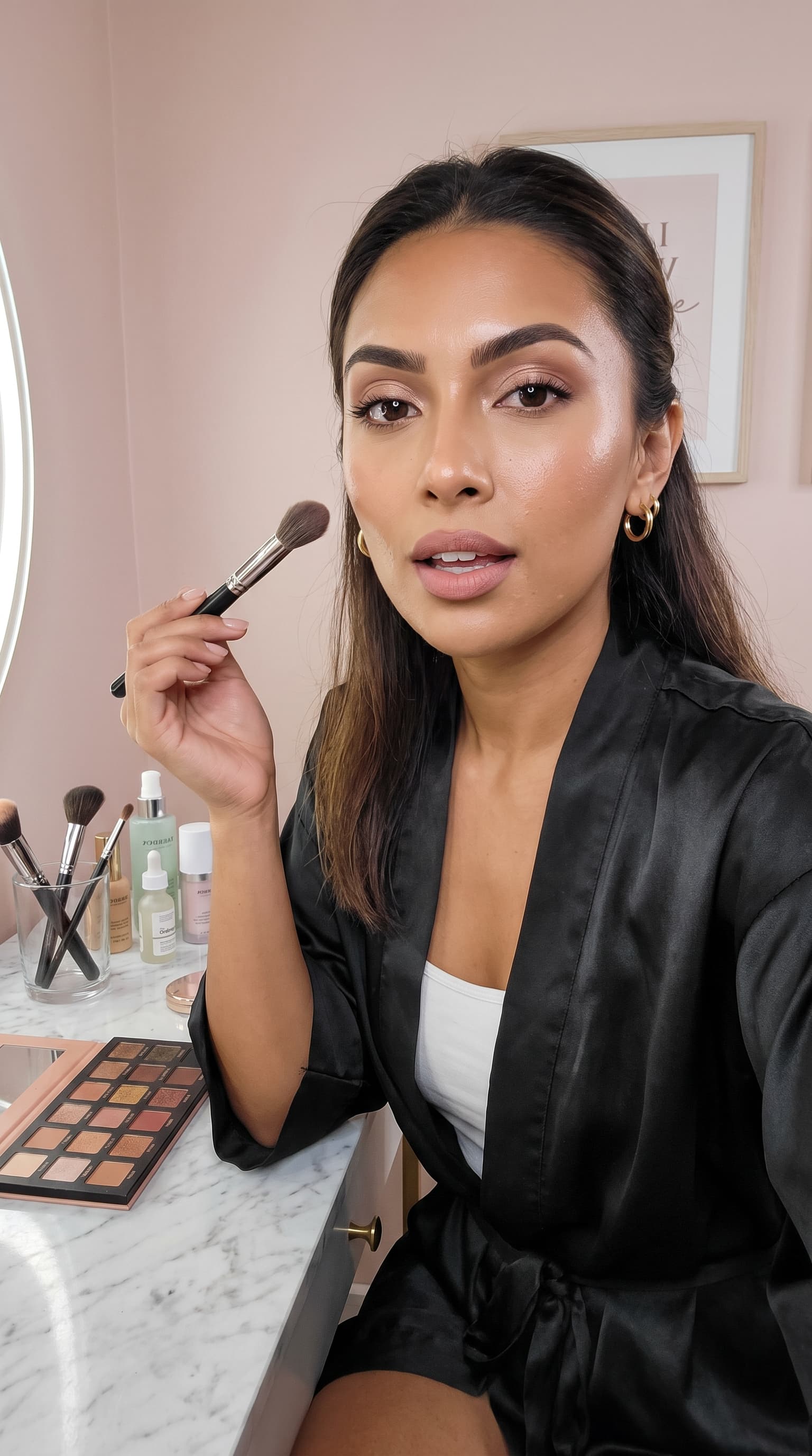 Preset AI influencer for the Makeup tutorials niche, a photorealistic vertical creator shot with a matching setting built in