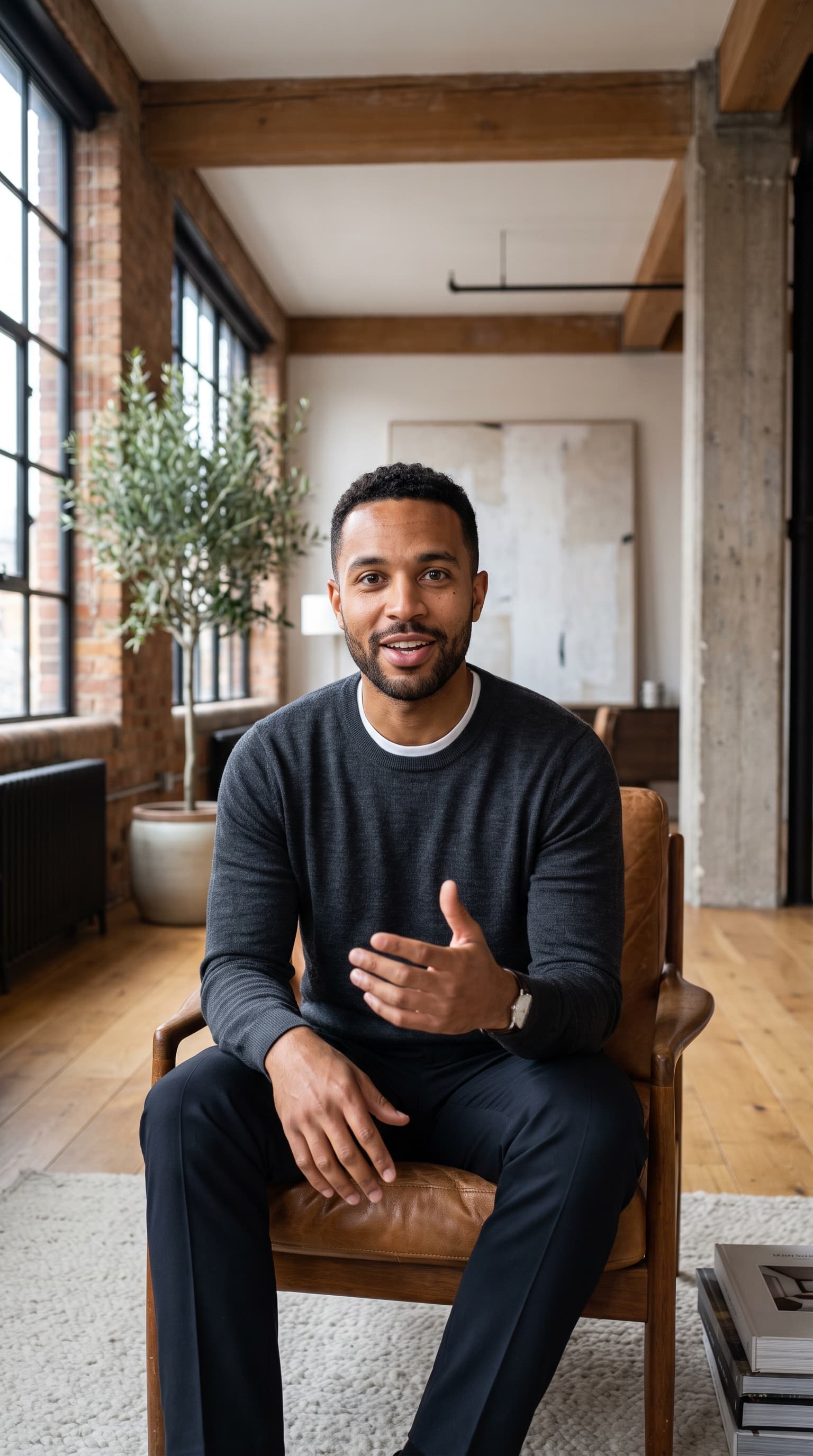 Preset AI influencer for the Money & investing niche, a photorealistic vertical creator shot with a matching setting built in