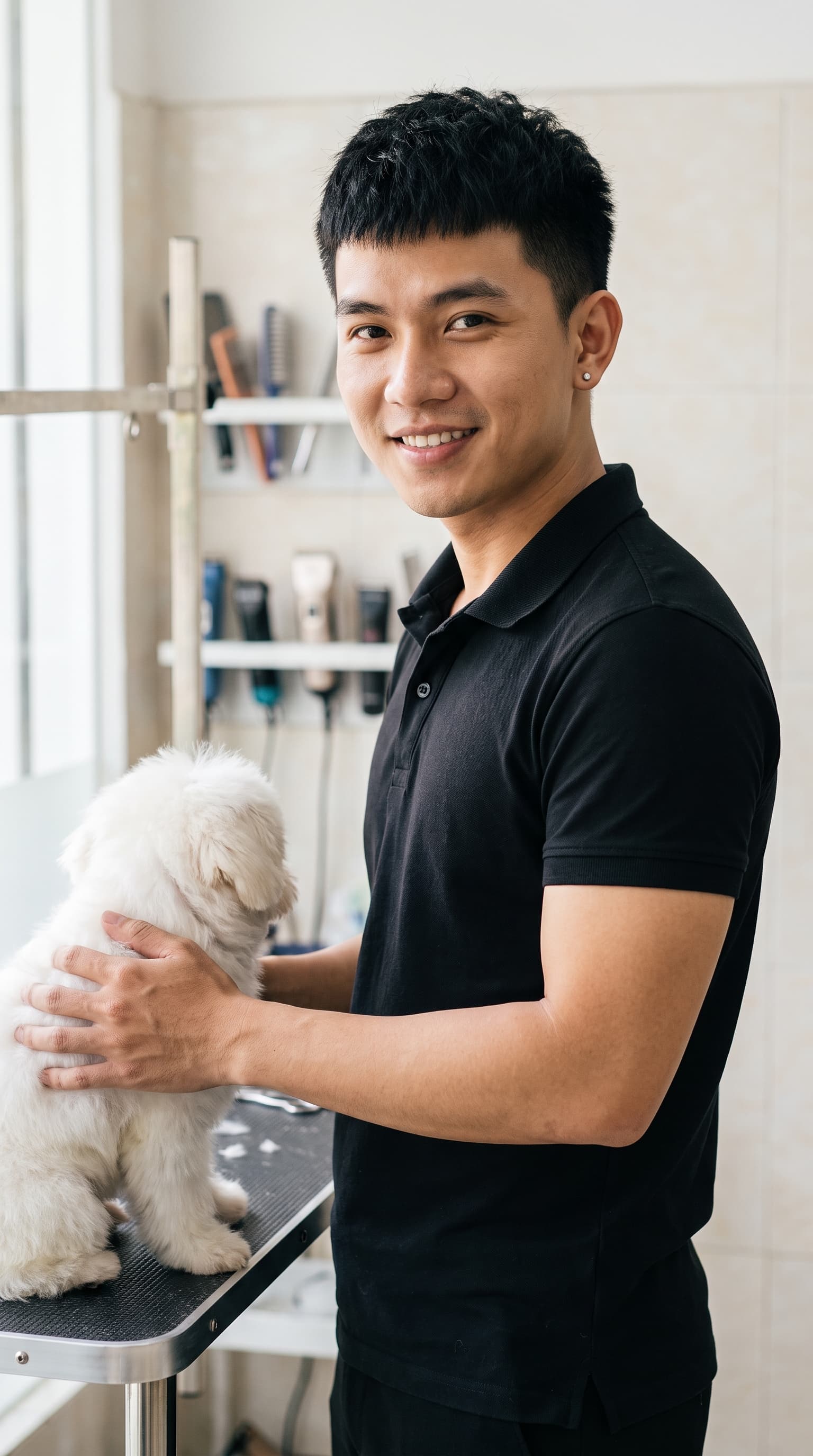Preset AI influencer for the Pet grooming niche, a photorealistic vertical creator shot with a matching setting built in