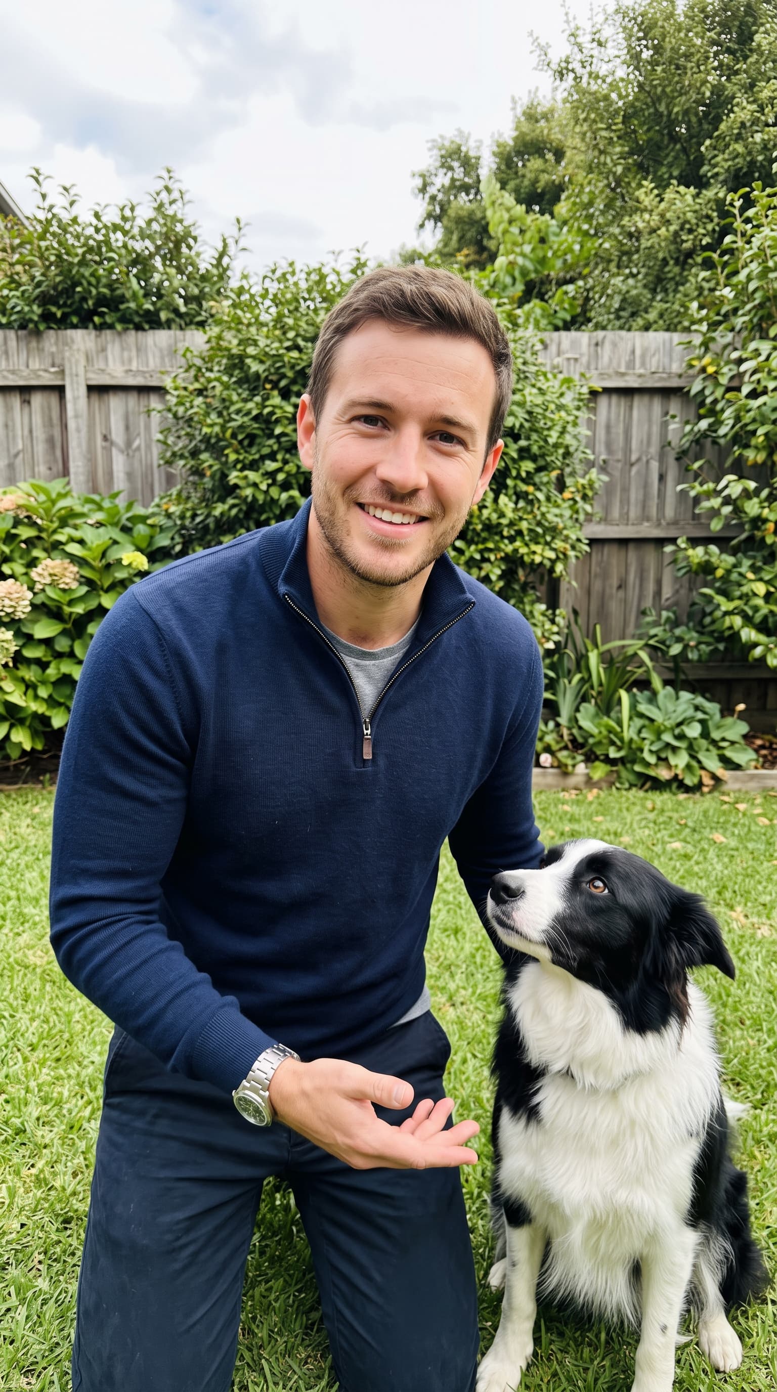 Preset AI influencer for the Pet training niche, a photorealistic vertical creator shot with a matching setting built in