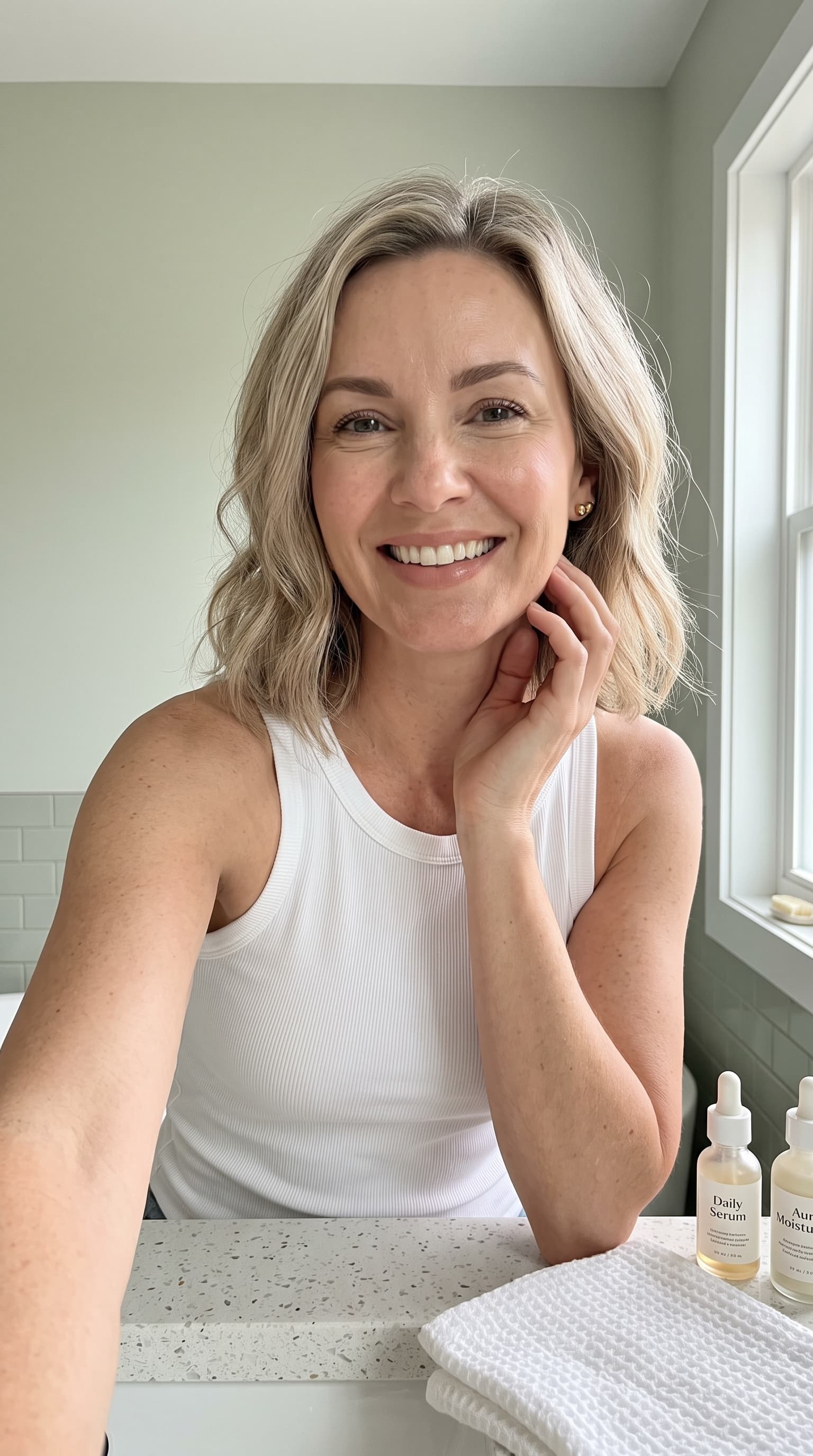 Preset AI influencer for the Mature skincare niche, a photorealistic vertical creator shot with a matching setting built in