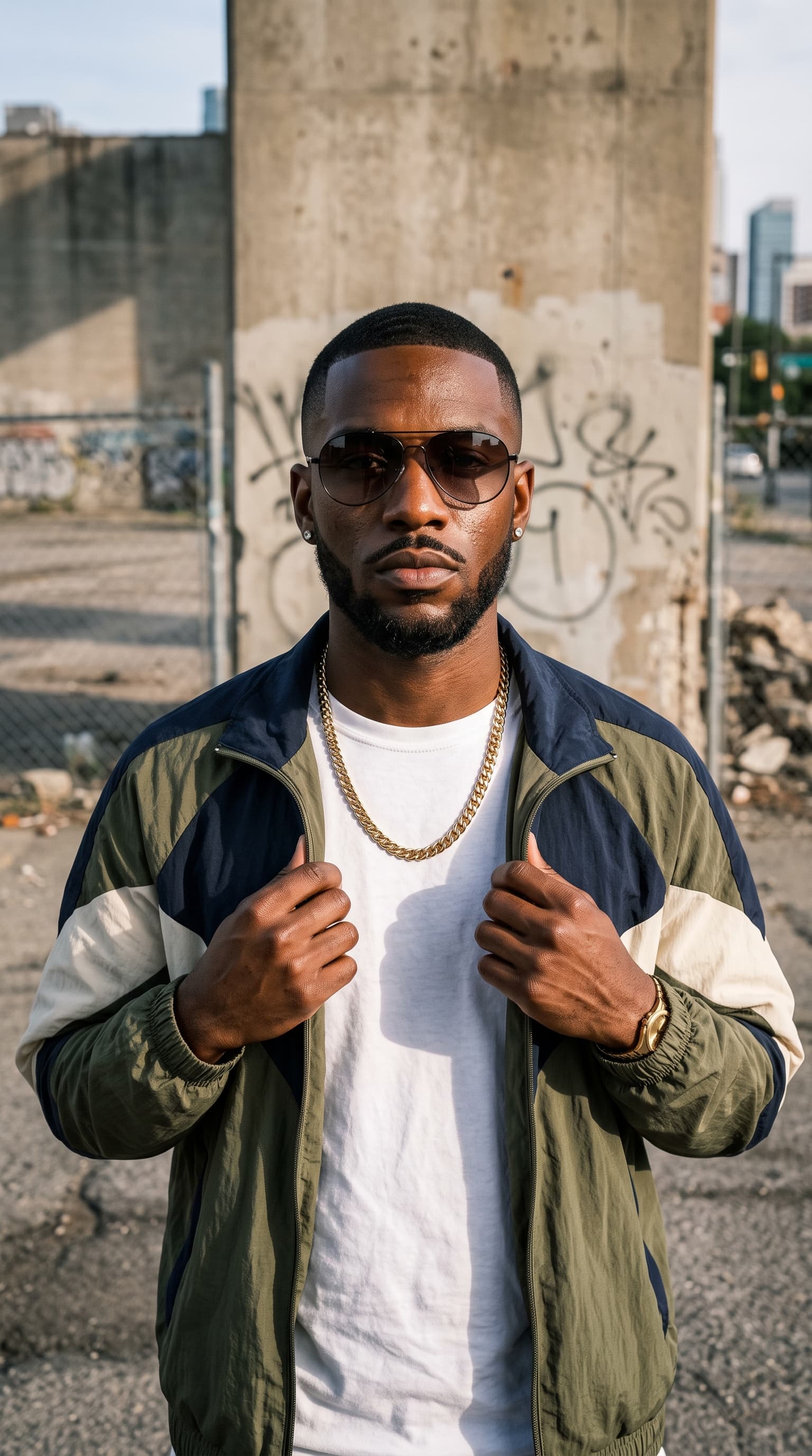 Preset AI influencer for the Streetwear niche, a photorealistic vertical creator shot with a matching setting built in