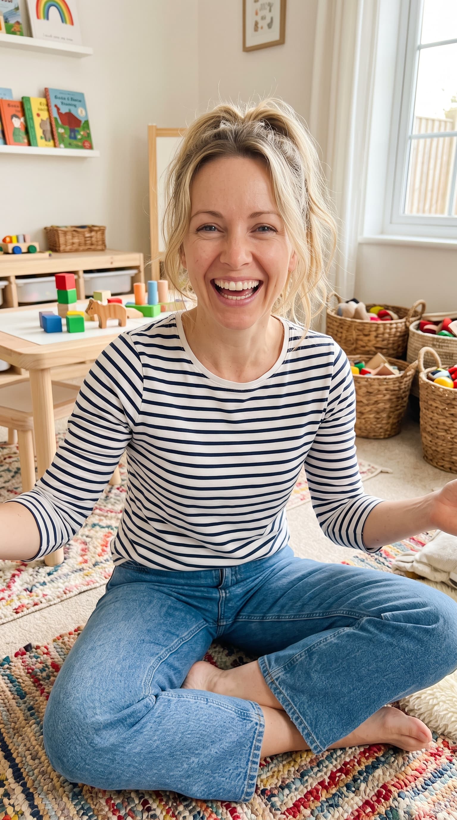 Preset AI influencer for the Toddler parenting niche, a photorealistic vertical creator shot with a matching setting built in