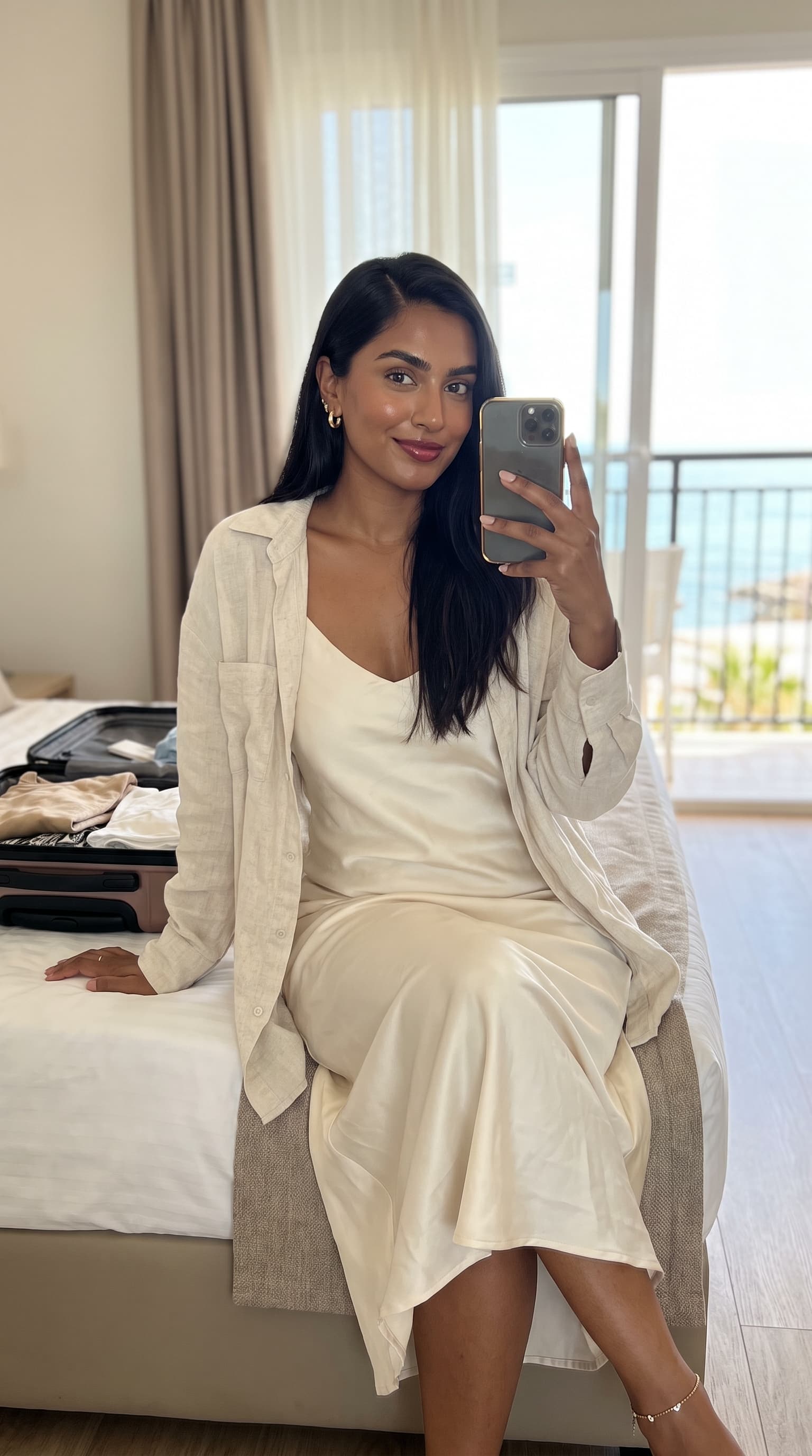 Preset AI influencer for the Travel niche, a photorealistic vertical creator shot with a matching setting built in