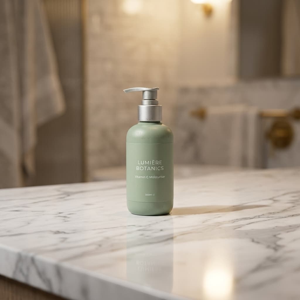 AI-generated marble bathroom lifestyle scene for Lumiere Botanics cosmetics product