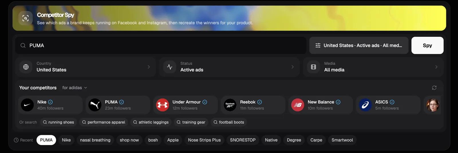 Your competitors row in Pixair Competitor Spy with suggested brands and keyword searches