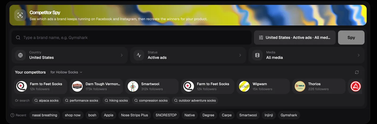 Competitor Spy filters for country, active or all ads, and video or image ads