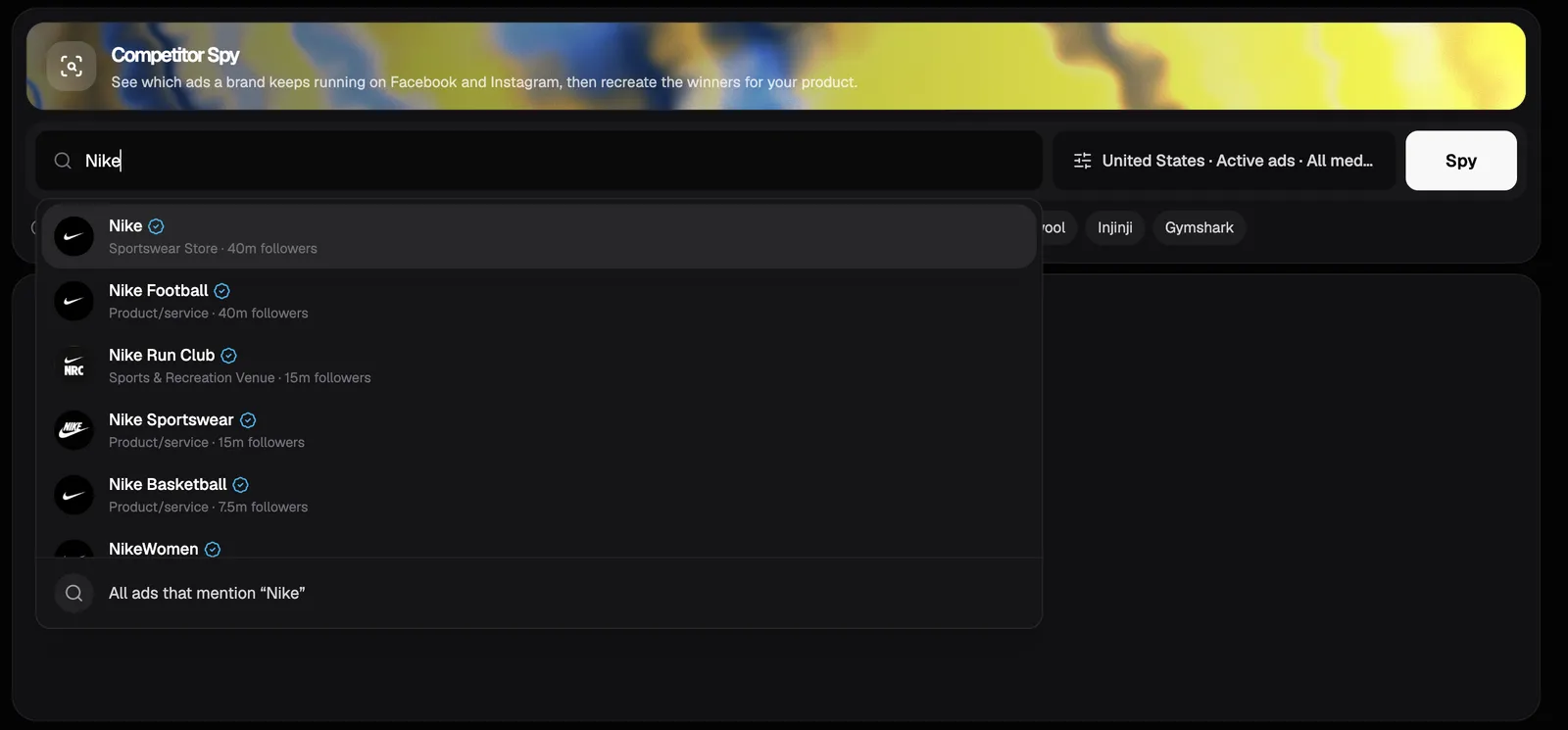 Pixair Competitor Spy search bar with brand name suggestions from Facebook pages