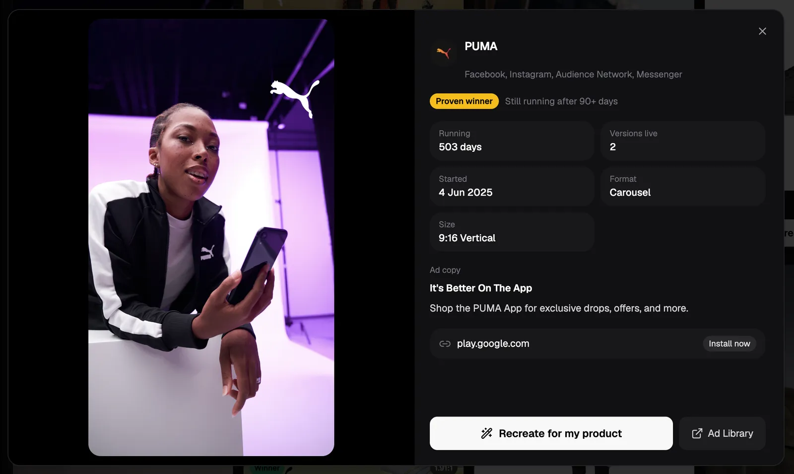 Competitor ad marked Proven winner in Pixair Competitor Spy, still running after 503 days