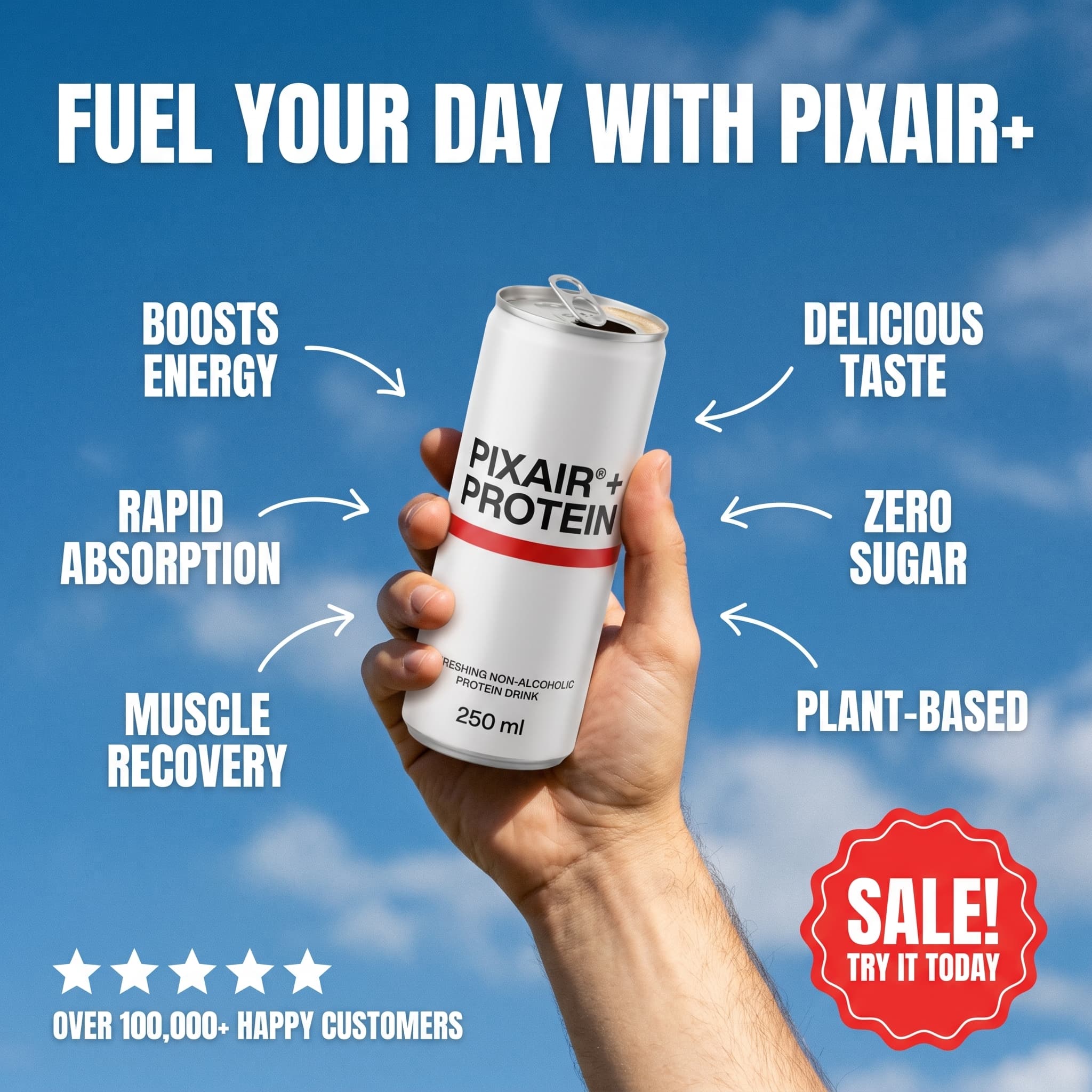 Static ad with benefit callouts around a protein drink can