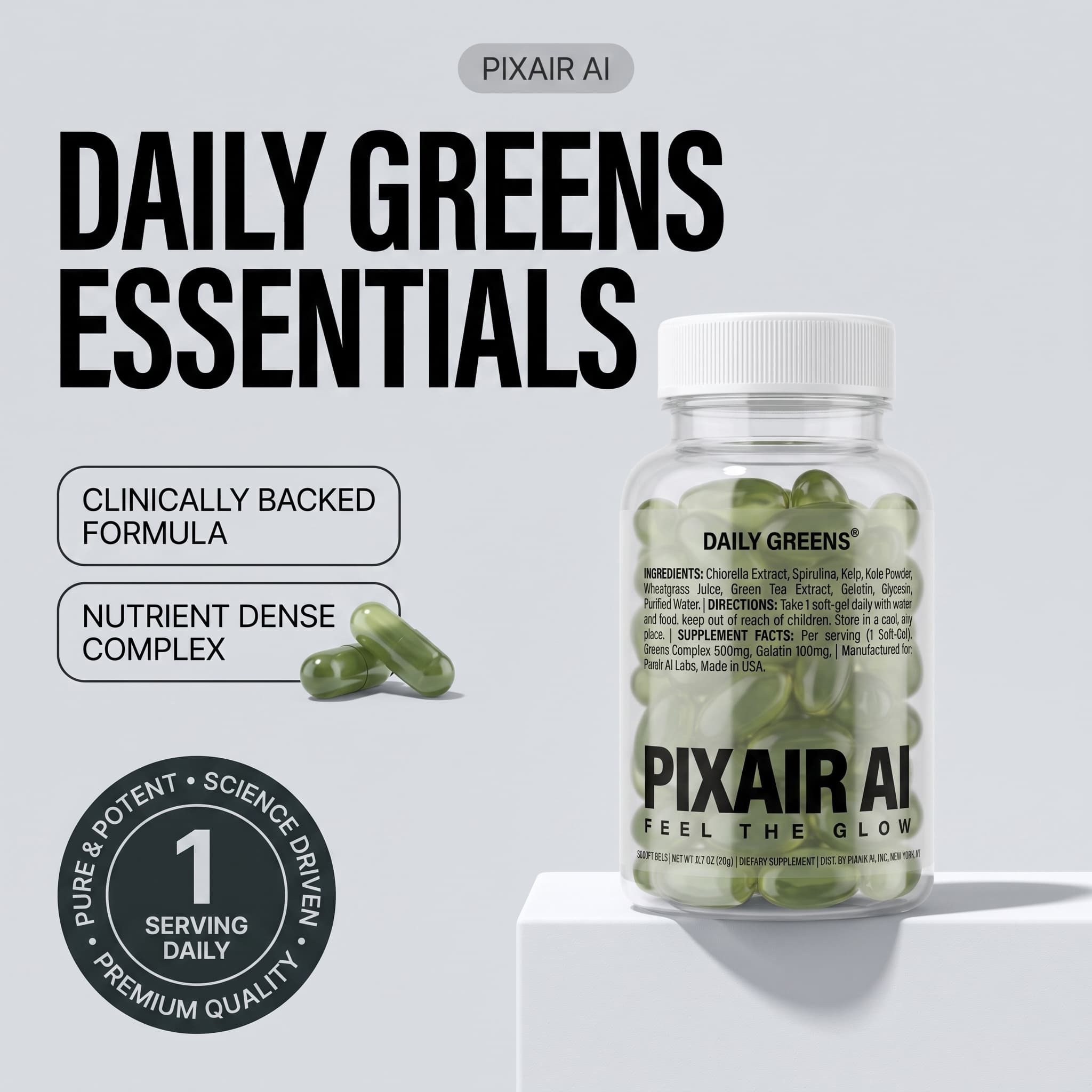 Minimal supplement static ad with feature badges