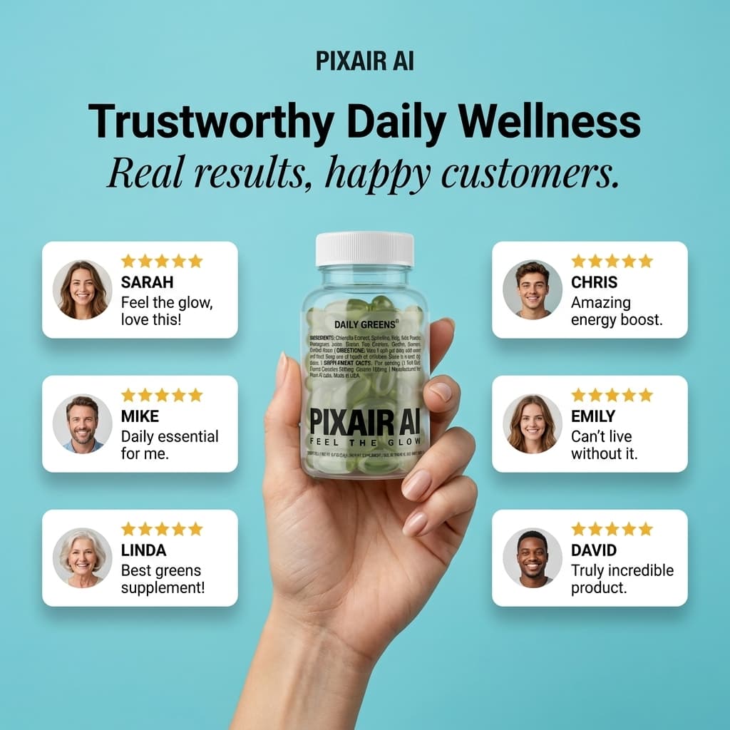 Social proof static ad with customer reviews around a supplement bottle