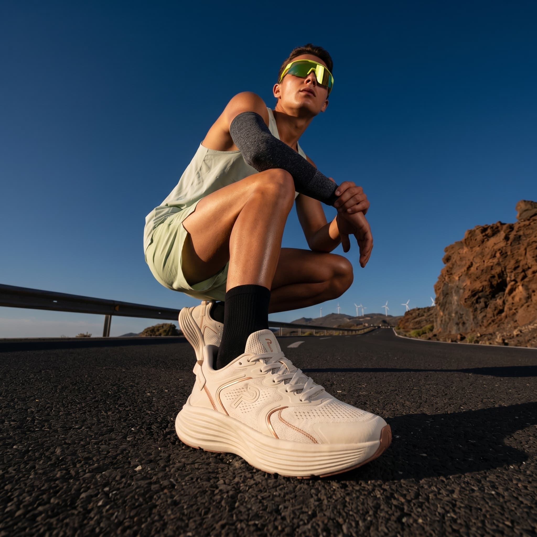 Sneakers and sportswear on a model crouched on an open road