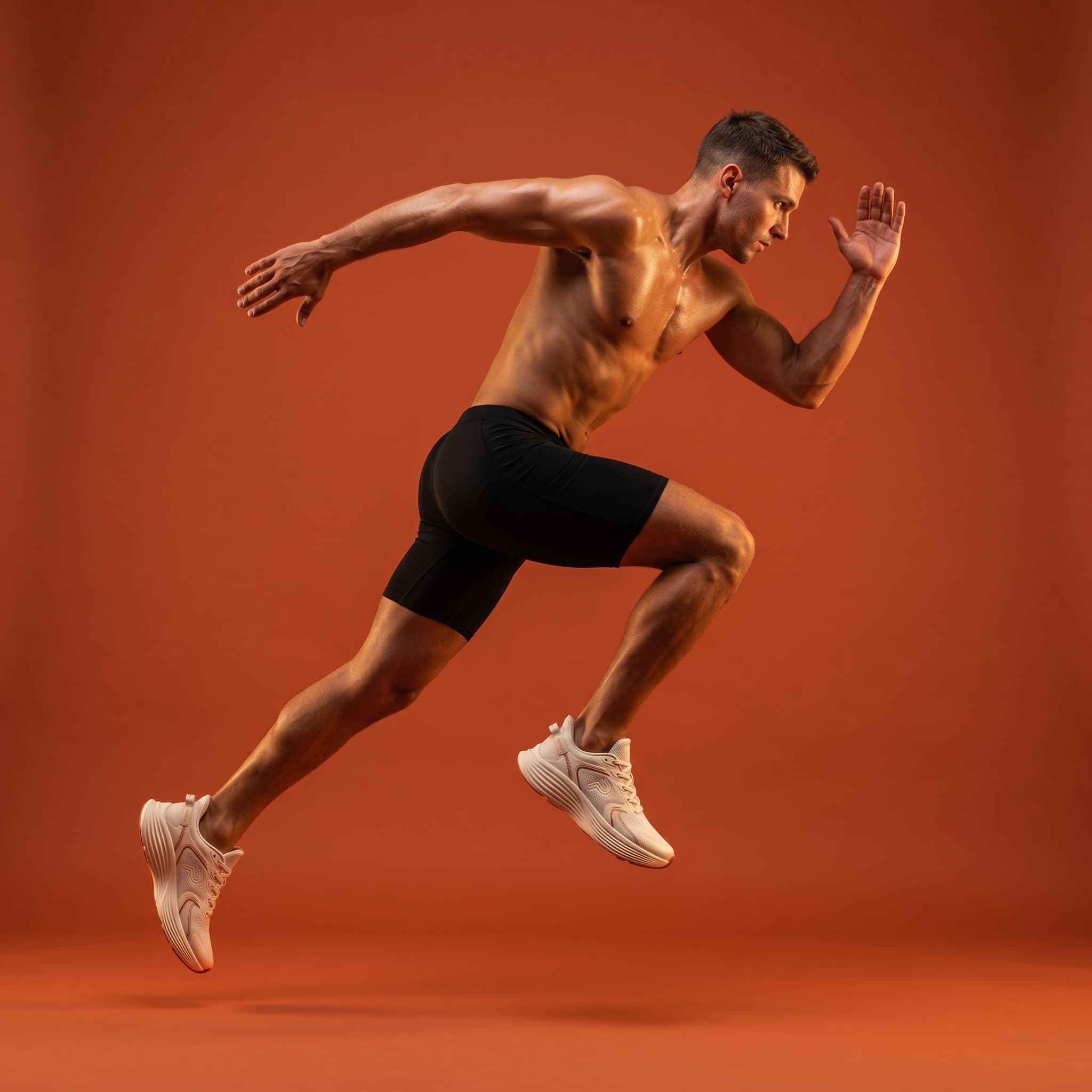 Running shoes worn by an athlete mid-sprint in an orange studio