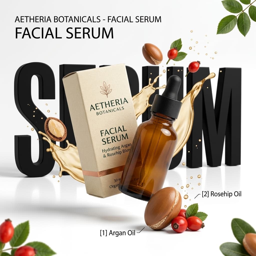 AI-generated Light Ad example showing a product with ingredient splashes, bold 3D typography, and real ingredient callouts on a white background